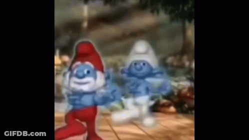 Two Smurfs Are Dancing Together On A Tiled Floor In A Room . GIF