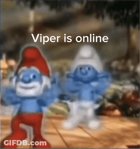 Two Smurfs Are Dancing With The Words Viper Is Online Above Them GIF