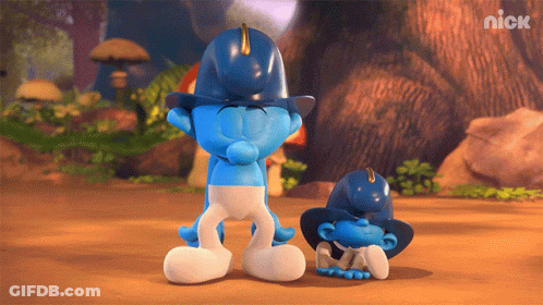 Two Smurfs Wearing Cowboy Hats With The Nick Logo In The Corner GIF