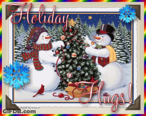 Two Snowmen Decorating Christmas Tree Holiday Hugs GIF