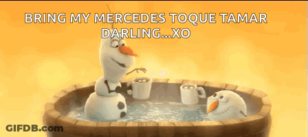 Two Snowmen In Wooden Tub With Hot Chocolate GIF