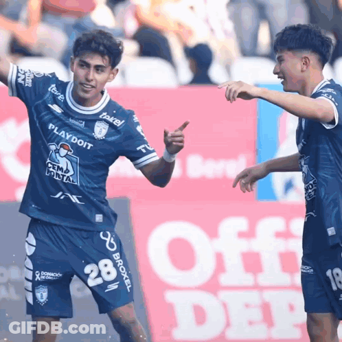 Two Soccer Players Are Celebrating A Goal In Front Of An Off Deep Sign GIF