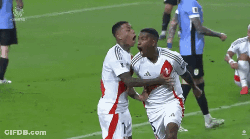 Two Soccer Players Are Celebrating A Goal On A Field . GIF