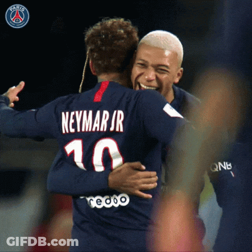 Two Soccer Players Are Hugging Each Other And One Has The Number 10 On His Jersey GIF