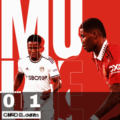 Two Soccer Players Are Standing In Front Of A Red Background With The Letters Mu On It GIF