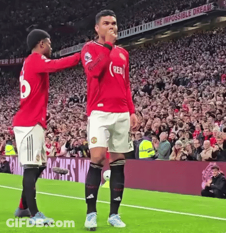 Two Soccer Players Are Standing On A Field With A Crowd Watching . GIF