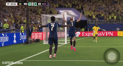 Two Soccer Players Celebrating Goal By ExpressVPN Banner GIF