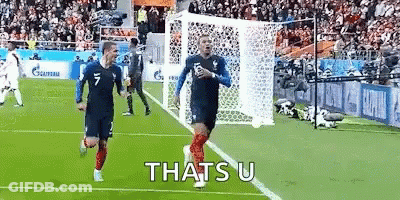 Two Soccer Players Celebrating Goal Saying That's U GIF