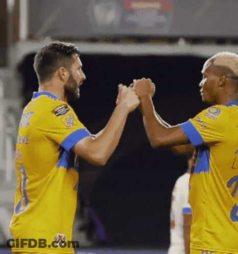 Two Soccer Players Giving Each Other A High Five While Wearing Yellow And Blue Uniforms GIF