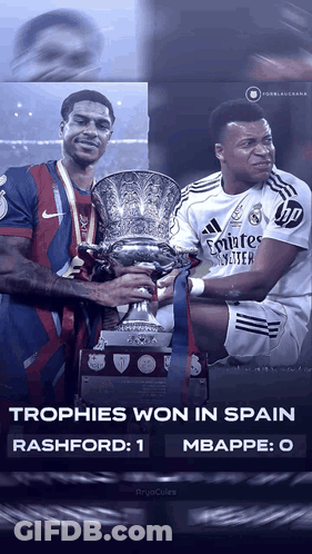 Two Soccer Players Holding A Trophy With The Words " Trophies Won In Spain " On The Bottom GIF