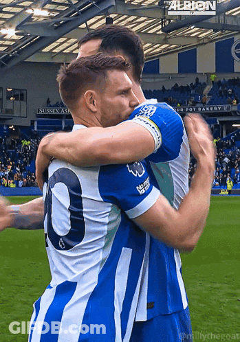 Two Soccer Players Hugging On Field With Albion Sign GIF