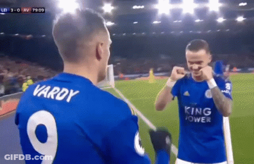 Two Soccer Players In Blue Jerseys Vardy 9 GIF