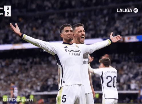 Two Soccer Players In Emirates Fly Better Jerseys Celebrate Goal GIF
