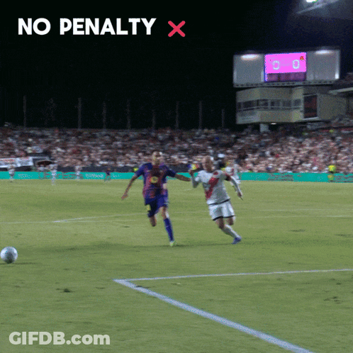 Two Soccer Players On A Field With The Words No Penalty X Below Them GIF