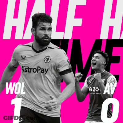 Two Soccer Players On A Pink Background With Half Time Wol 1-0 GIF