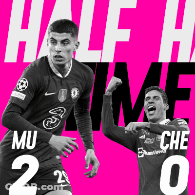 Two Soccer Players On A Pink Background With Half Time Written In White GIF