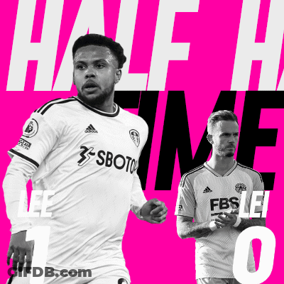 Two Soccer Players On A Pink Background With Half Time Written On The Bottom GIF