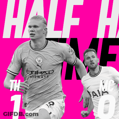 Two Soccer Players On A Pink Background With The Words Half Time In White Letters GIF