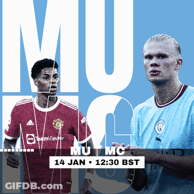 Two Soccer Players On A Poster That Says Mu Mc 14 Jan 12:30 Bst GIF