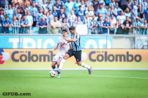 Two Soccer Players On Field In Front Of Colombo Ad GIF