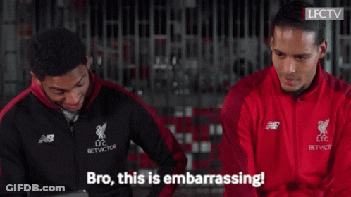 Two Soccer Players Sitting, One Says Bro This Is Embarrassing GIF