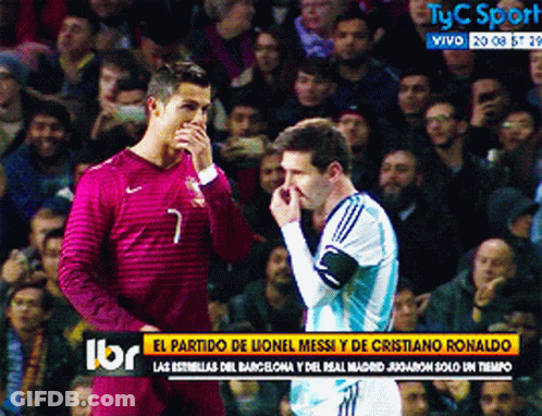 Two Soccer Players Standing Next To Each Other In Front Of A Crowd And A Headline That Says El Partido De Lionel Messi GIF