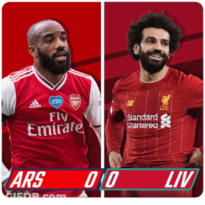 Two Soccer Players Standing Next To Each Other With The Score Ars 0-0 Liv GIF