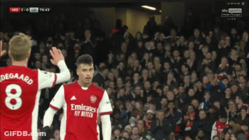 Two Soccer Players Wearing Emirates Fly Better Jerseys Are Standing In Front Of A Crowd GIF