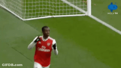 Two Soccer Players Wearing Fly Emirates Jerseys Celebrate GIF