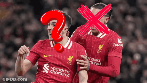 Two Soccer Players Wearing Red Uniforms With The Word Standard Chartered On The Front GIF
