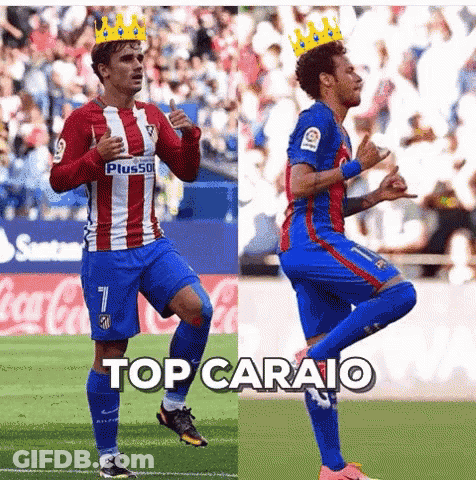 Two Soccer Players With Crowns On Their Heads And The Words Top Caraio GIF