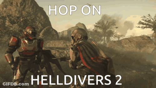 Two Soldiers Are Fighting With The Words Hop On Helldivers 2 Below Them GIF