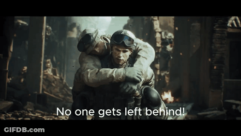 Two Soldiers Are Hugging With The Words No One Gets Left Behind Behind Them GIF