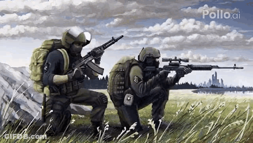 Two Soldiers Are Kneeling In A Field With Guns . GIF