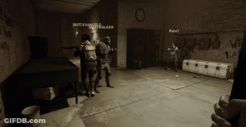 Two Soldiers Are Standing In A Dark Room And One Of Them Is Called Evangelio GIF