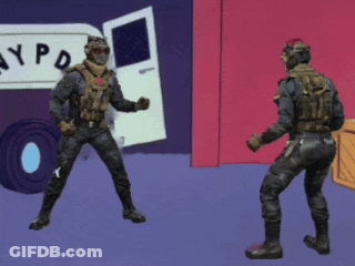 Two Soldiers Are Standing In Front Of A Nypd Van GIF