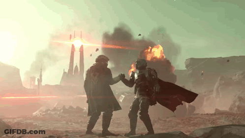 Two Soldiers Are Standing In Front Of An Explosion In A Video Game Scene GIF