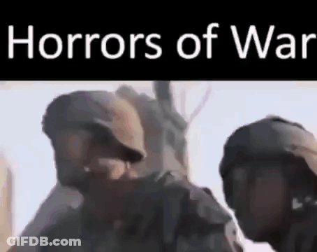 Two Soldiers Are Standing Next To Each Other In A Video Titled Horrors Of War . GIF