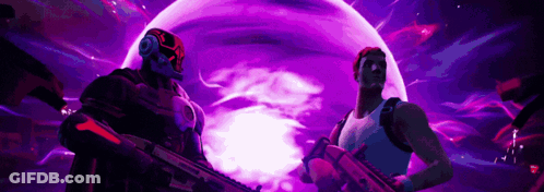Two Soldiers Are Standing Next To Each Other In Front Of A Purple Background . GIF