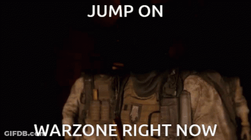 Two Soldiers Are Standing Next To Each Other With The Words " Jump On Warzone Right Now " GIF