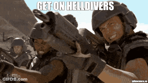 Two Soldiers Holding Guns Get On Helldivers GIF