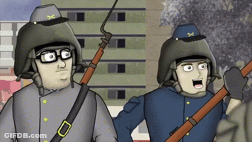 Two Soldiers Holding Guns, One In Hat With X GIF