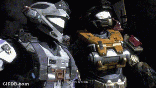 Two Soldiers In Armor Are Standing Next To Each Other And One Of Them Says " Work By The Way " GIF