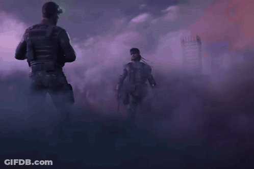 Two Soldiers Shaking Hands In Foggy Area GIF