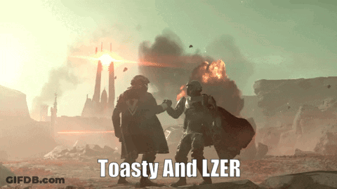 Two Soldiers Shaking Hands With The Words Toasty And Lzer On The Bottom GIF