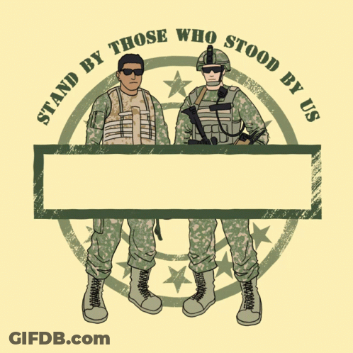 Two Soldiers Stand In Front Of A Sign That Says " Don 'T Leave Afghan Allies Behind " GIF