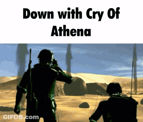 Two Soldiers Standing In A Desert With The Words Down With Cry Of Athena Above Them GIF