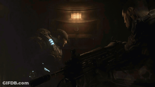 Two Soldiers Standing In Dark Room With Light GIF