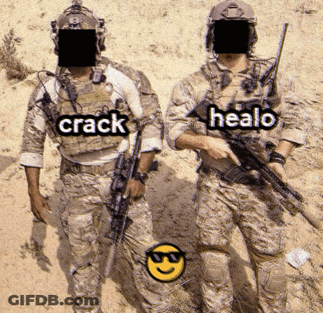 Two Soldiers Standing Next To Each Other With The Words Crack And Healo Written On Their Shirts GIF
