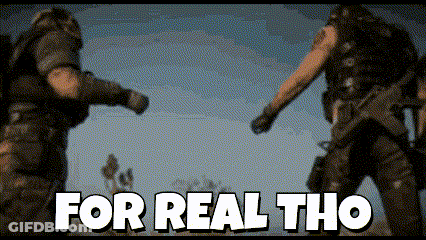 Two Soldiers Standing Next To Each Other With The Words For Real Tho Written In White Letters GIF